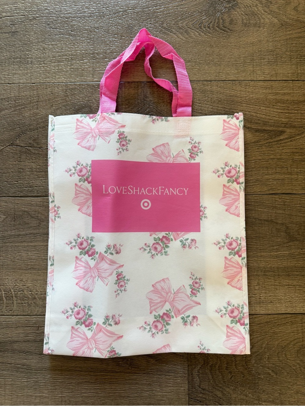 LoveShackFancy White Tote with Pink Floral Bows and Pink Handles